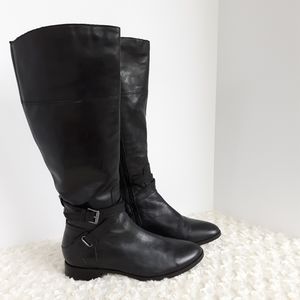 Clark's black leather buckle harness riding boots.